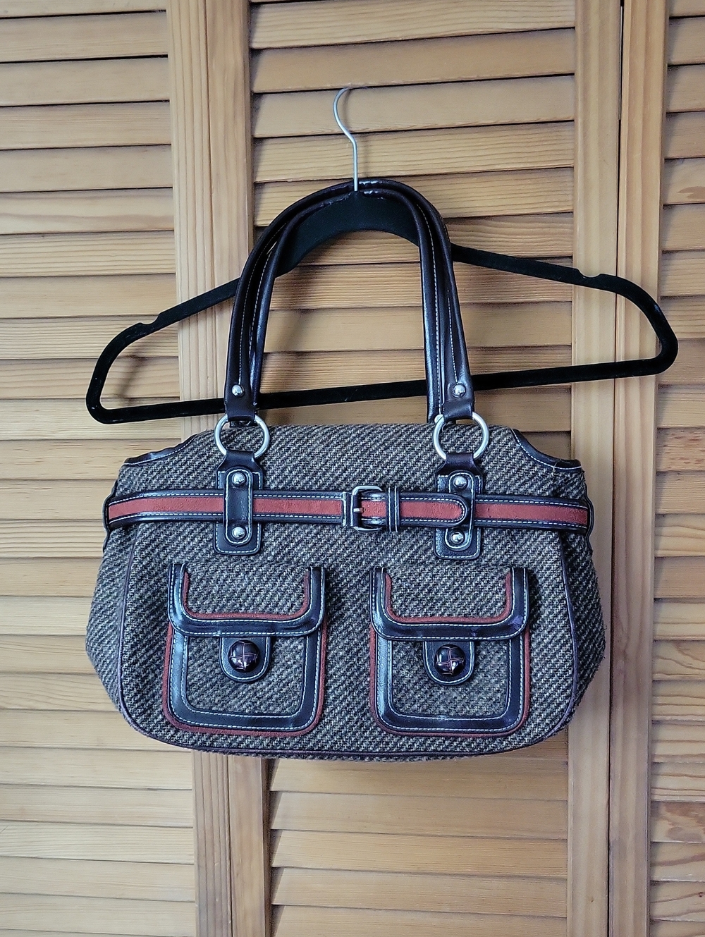 Y2K Dark Academia Brown Herringbone  Preppy Tweed Belted Satchel Handbag Apt9